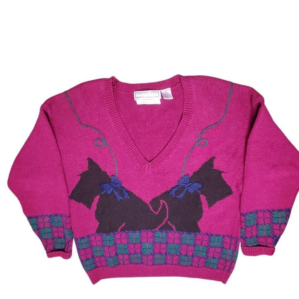 Vintage 80s 90s Portraits By Northern Isles Scottie Dog Knit V Neck Sweater Size
